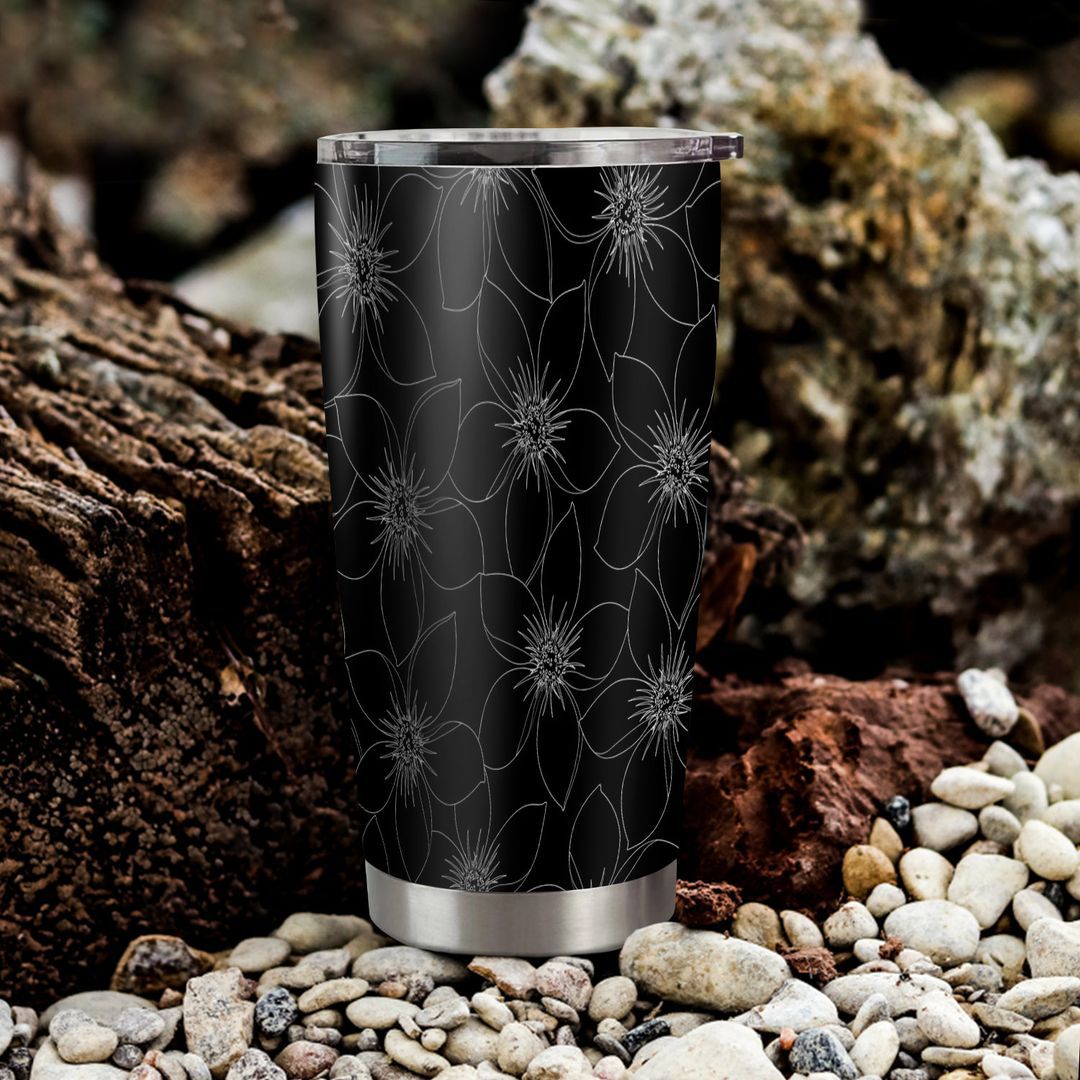 Tropical Black And White Hibiscus Floral Seamless Tumbler Cup | Stainless Steel | Insulated | 20Oz | Custom | Personalized