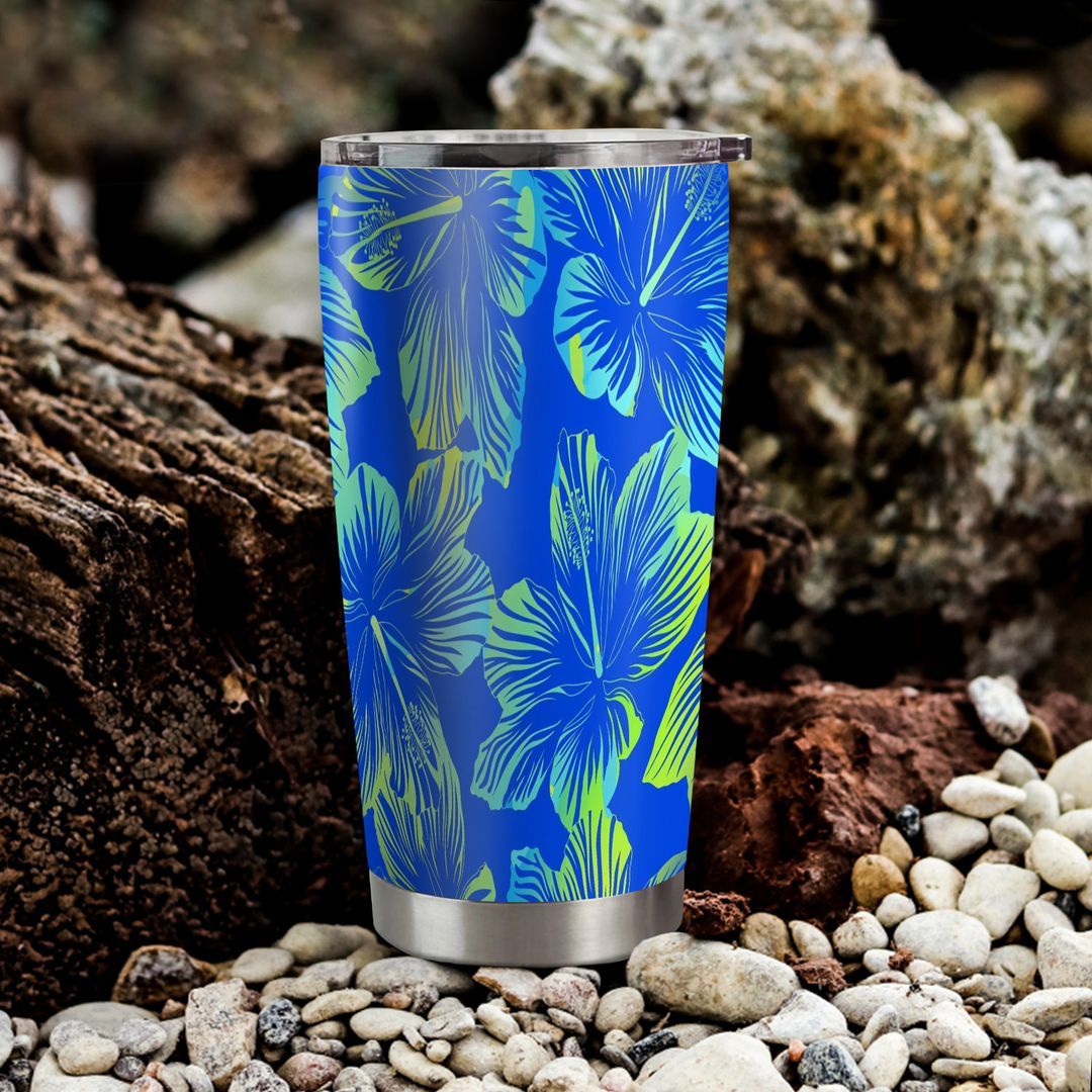 Tropical Flowers Blue Seamless Pattern Tumbler Cup | Stainless Steel | Insulated | 20Oz | Custom | Personalized