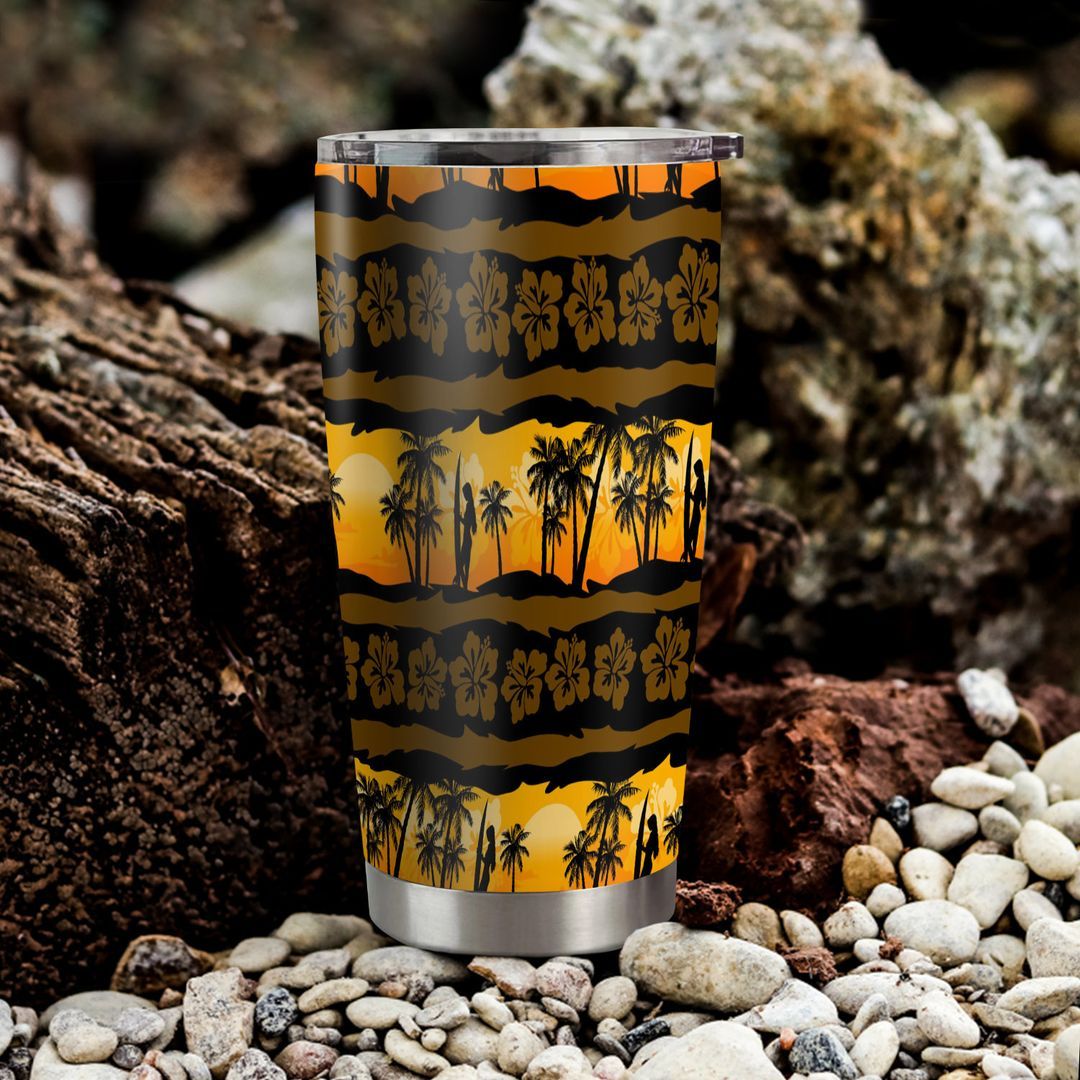 Tropical Frangipani With Palms Sunrise Seamless Tumbler Cup | Stainless Steel | Insulated | 20Oz | Custom | Personalized