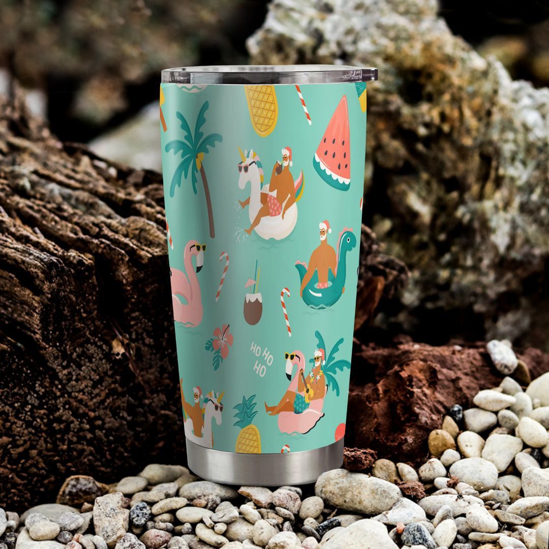 Tropical Hot Christmas Seamless Pattern With Cute Tumbler Cup | Stainless Steel | Insulated | 20Oz | Custom | Personalized